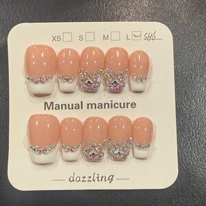 Dazzling french tip style Nail Set with Rhinestone Accents